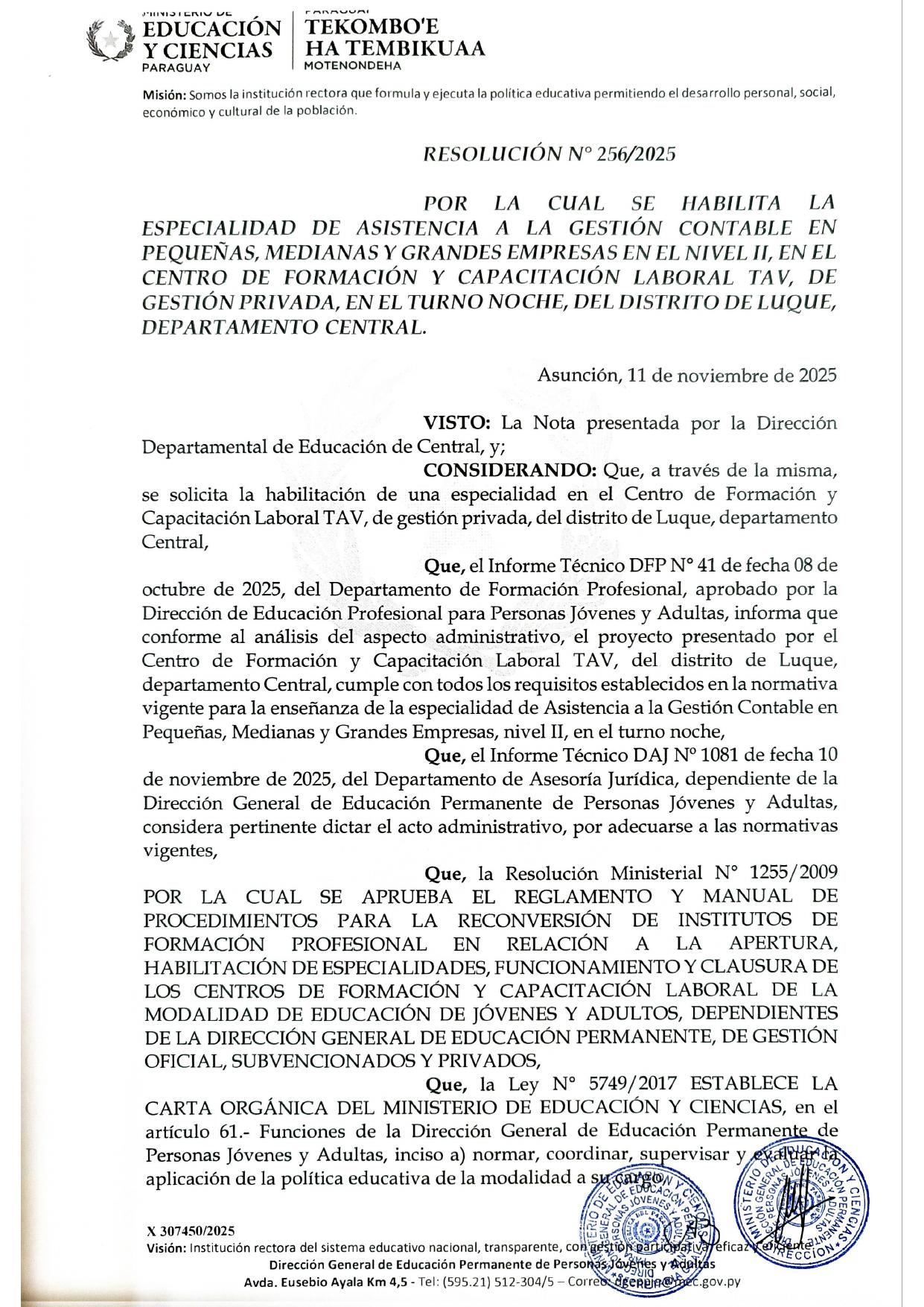 Resolución M.E.C. — Técnico Contable Administrativo