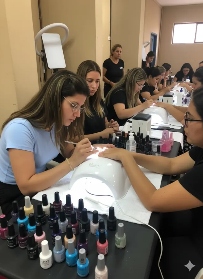 Práctica de peluquería y peinados con alumnas