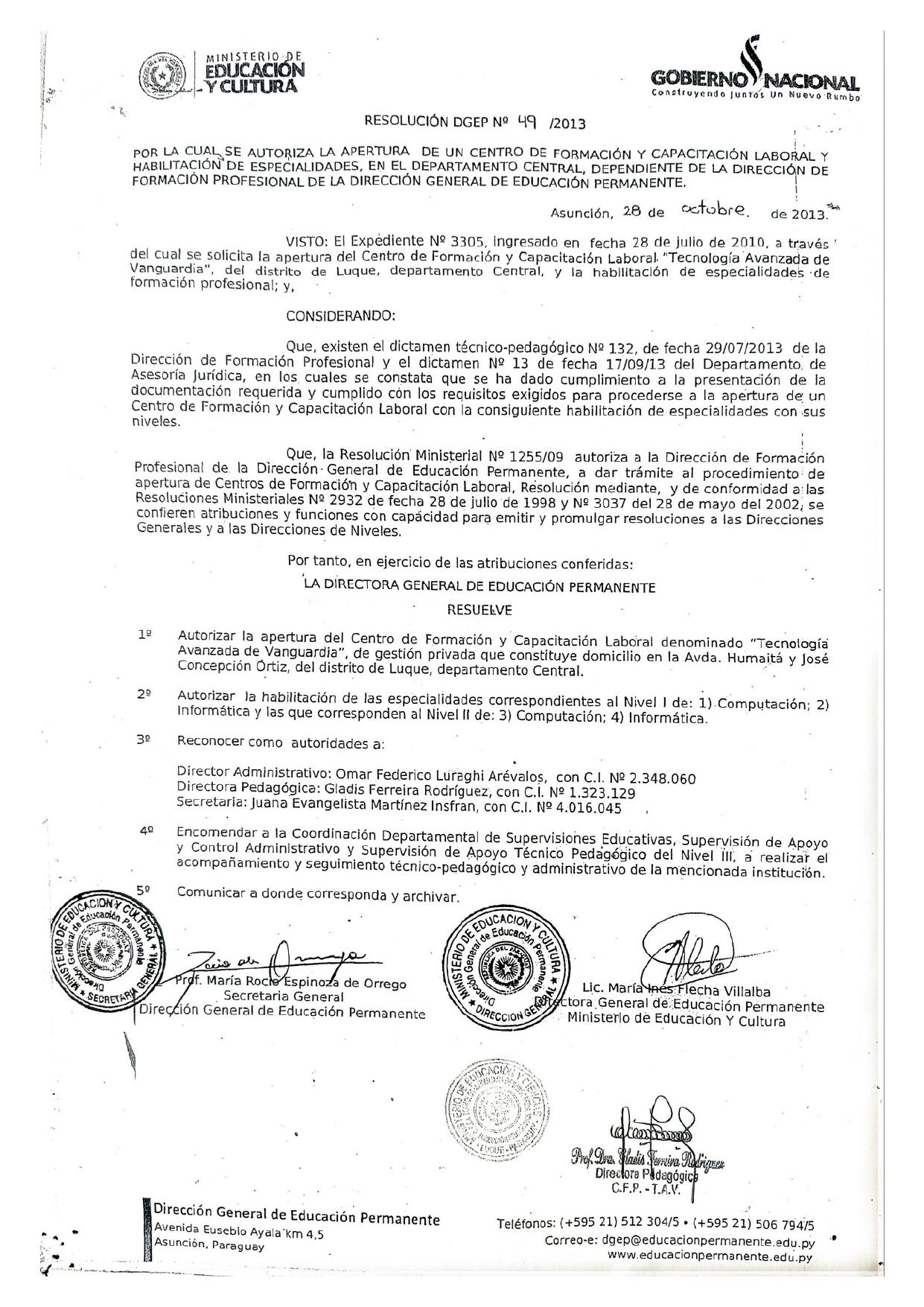 Resolución M.E.C. — Apertura e Informática y Computación