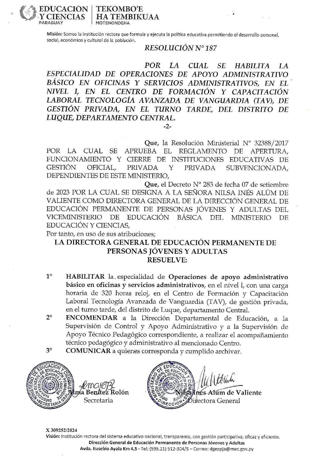 Resolución M.E.C. — Auxiliar Contable y Auxiliar Aduanero